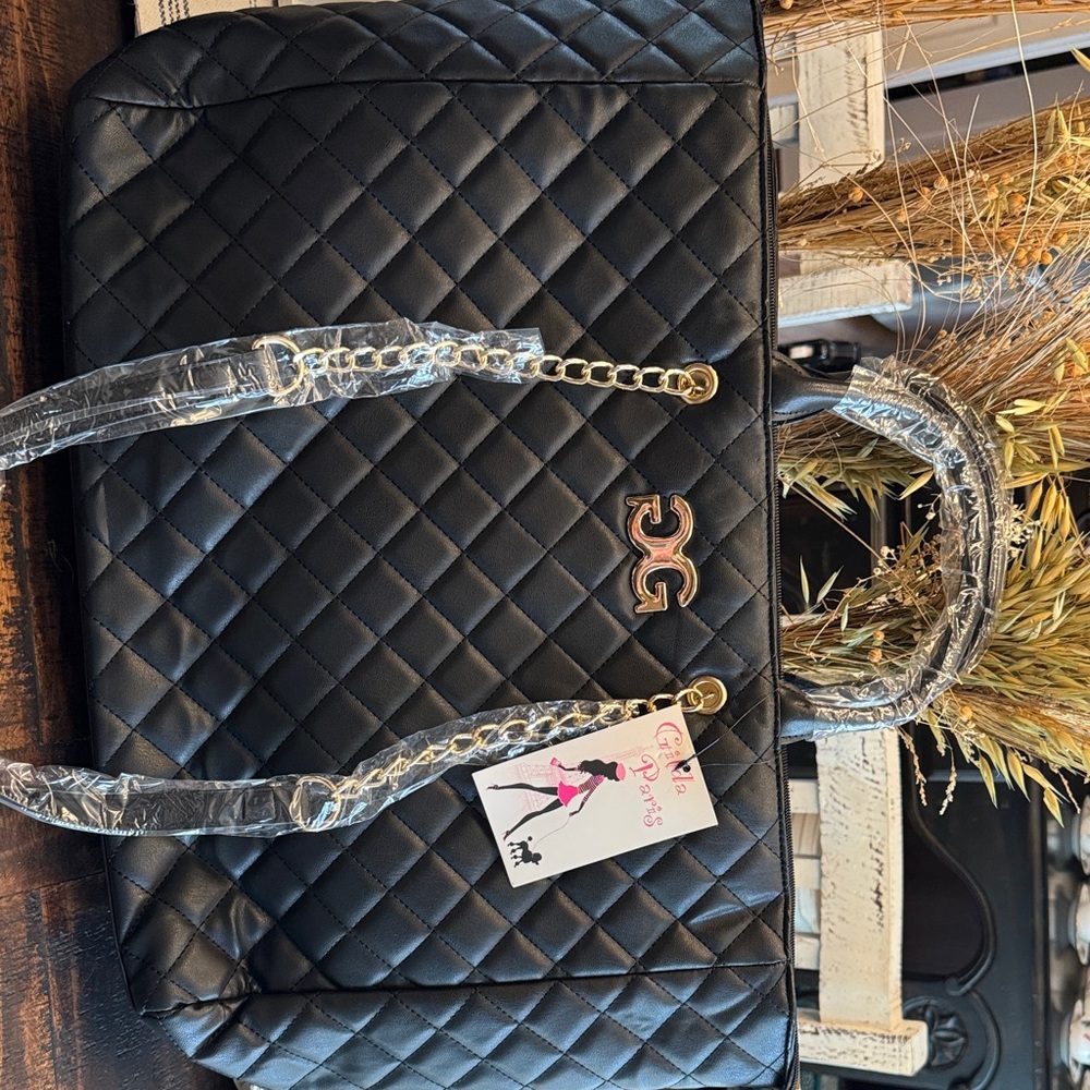 Quilted Black Tote with Chain-Detail Handles